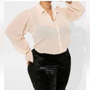 Torrid Festi Chiffon Button Front Puff Sleeve Top Beige Women’s 3 3X US 22-24